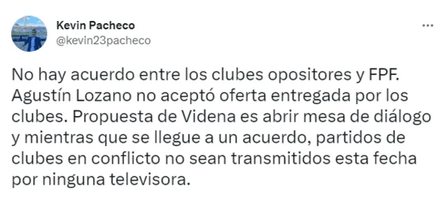  Tuit de Kevin Pacheco luego de la reunión entre la FPF y los sesis clubes que no se presentaron en la Liga 1. Crédito: captura Twitter/@kevin23pacheco 