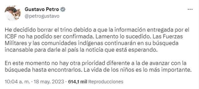  Gustavo Petro se disculpó por anunciar información que no estaba confirmada. Foto: @petrogustavo/Twitter    