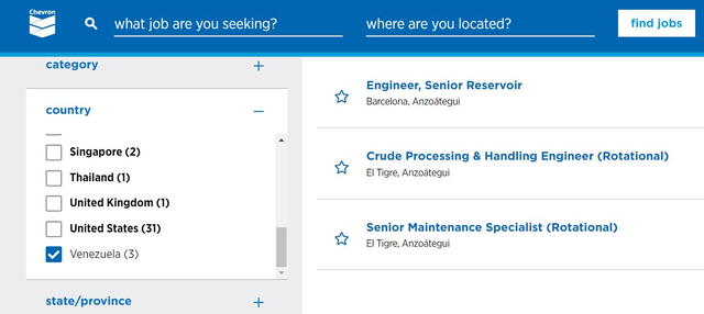  Vacantes en Chevron en Venezuela en enero de 2024. Foto: captura/Chevron   