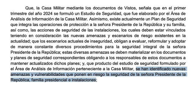 Considerandos de la resolución que modifica el Plan de Seguridad de Casa Militar   