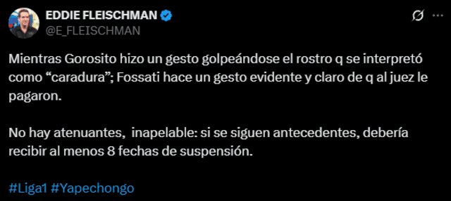 Eddie Fleischman considera que Jorge Fossati debería afrontar una sanción mayor a 8 fechas. Foto: captura de X Eddie Fleischman considera que Jorge Fossati debería afrontar una sanción mayor a 8 fechas. Foto: captura de X