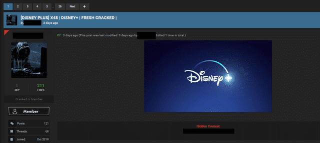 Un foro de piratería que ofrece acceso a cuentas hackeadas de Disney +. | Foto: ZDnet.com
