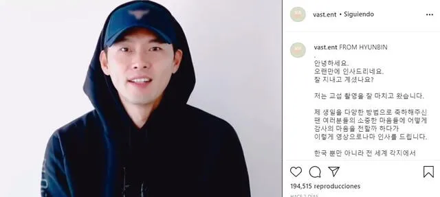 Publicación del video de Hyun Bin en Instagram. Foto: Captura @vast.ent