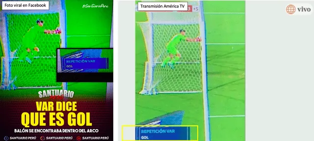 Comparación entre la imagen de Facebook que muestra un cuadro con la “Repetición VAR” y la transmisión en vivo de América TV. Fuente: Captura LR, Facebook, América TV.