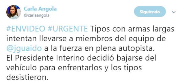 Carla Angola informa en Twitter sobre el intento de secuestro frustrado por Guaidó. Foto: Twitter