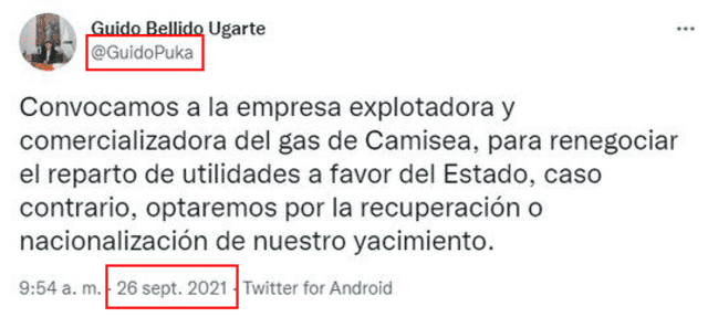 Tweet de Guido Bellido en 2021.