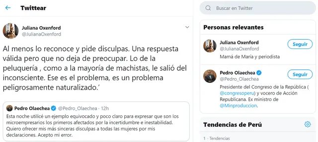 Juliana Oxenford tilda de “machista” a Pedro Olaechea por comentario contra mujeres