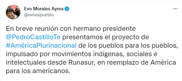 Tuit de Evo Morales. Foto: captura Twitter