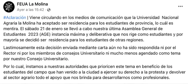 La Federación de Estudiantes de la UNALM también emitió un comunicado desmintiendo la información. Foto: captura de Facebook   