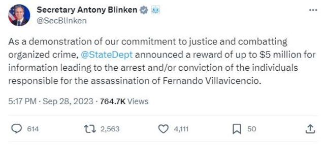 Estados Unidos ofrece millonaria recompensa por información sobre los responsables de la muerte de Fernando Villavicencio. Foto: @SecBlinken   