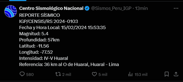  El sismo que reportó el&nbsp;Instituto Geofísico del Perú&nbsp;tuvo una magnitud de 5,4. Foto: Twitter/IGP   