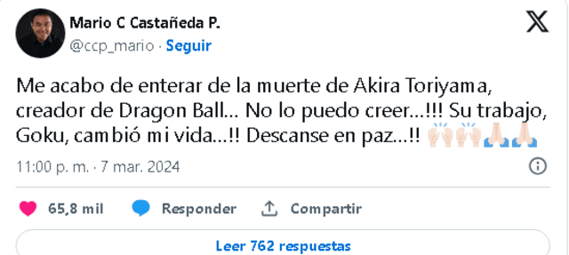 Tweet de Mario Castañeda, la voz de Gokú en español. Foto: X   