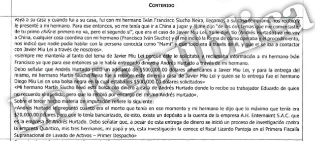  Disposición de la formalización de la investigación preparatoria contra Elizabeth Peralta, Andrés Hurtado y Javier Miu Lei.| Foto: La República.   