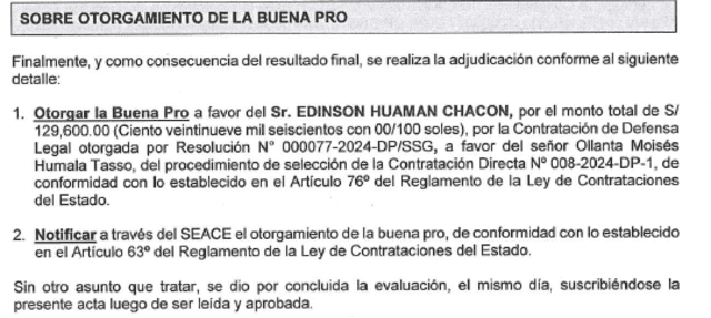 Documento de entrega de la buena pro a la defensa de Ollanta Humala.   