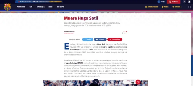 Artículo de FC Barcelona sobre Hugo Sotil. Foto: captura de FC Barcelona.   