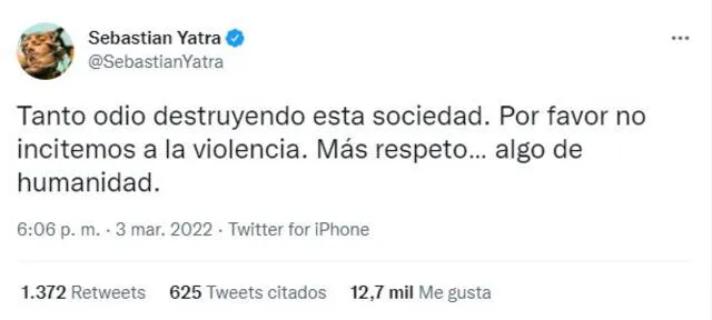 Sebastián Yatra se pronuncia tras canción de Residente y Bizarrap. Foto: captura de Twitter