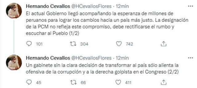 Hernando Cevallos criticó al gabinete de Héctor Valer. Foto: Captura Twitter