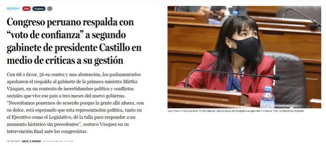 La primera ministra peruana, Mirtha Vásquez, logró el apoyo del Congreso a su gabinete ministerial. Foto: captura/La Tercera
