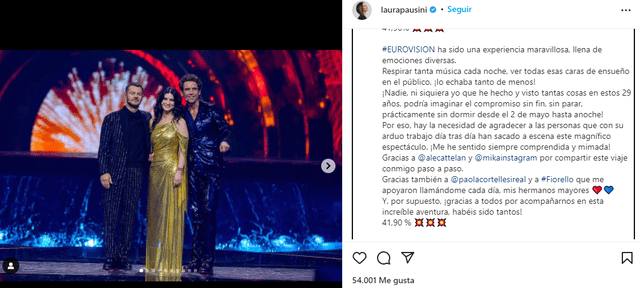 Laura Pausini agradeció a todo el equipo detrás del festival Eurovisión 2022. Foto: Instagram