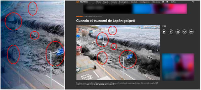 Comparación. Imagen del viral (a la derecha) y de Reuters (a la izquierda). Foto: composición.