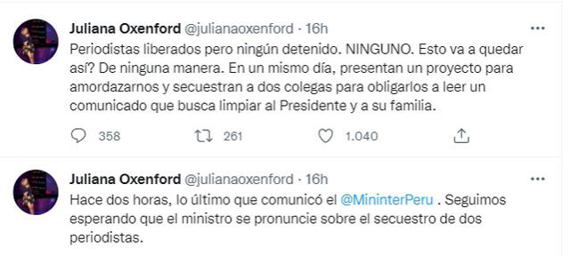 6.7.2022 | Tuit de Juliana Oxenford sobre secuestro de Eduardo Quispe, reportero de “Cuarto poder”. Foto: captura Twitter