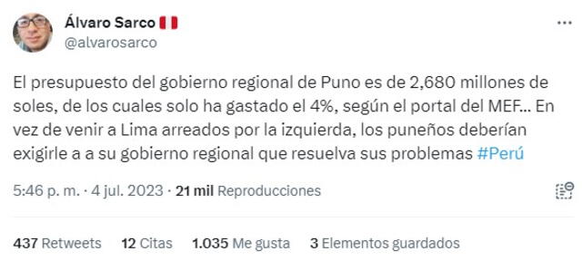  En el tuit se asocia el avance de solo el 4% con el presupuesto del Gobierno Regional de Puno. Foto: captura en Twitter.    