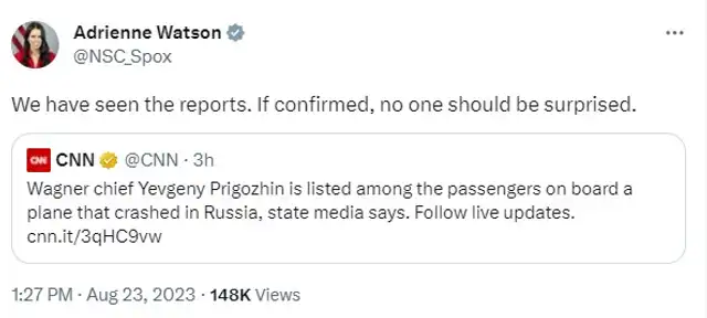 Adrienne Watson, se pronunció sobre el accidente aéreo donde estaría el líder del grupo Wagner. Foto: @NSC_Spox   