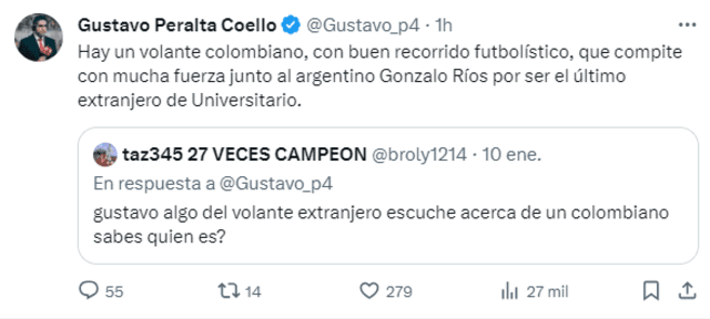 Ríos y un volante colombiano se disputarían el último cupo de extranjero en la 'U'. Foto: X/ Gustavo Peralta   