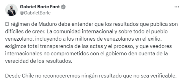 Mensaje del presidente de Chile tras la reelección de Maduro. Foto: Gabriel Boric Font/ X