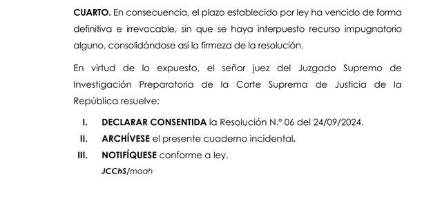 Resolución judicial que declara la continuidad de la investigación contra Boluarte. Foto: Poder Judicial   