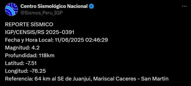 Sismo de magnitud 4.2 sacude San Martín. Foto: IGP Sismo de magnitud 4.2 sacude San Martín. Foto: IGP