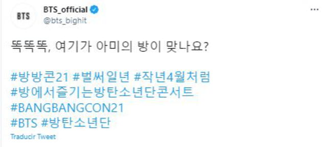 Publicación de BTS sobre el BANG BANG CON 21. Foto: Twitter