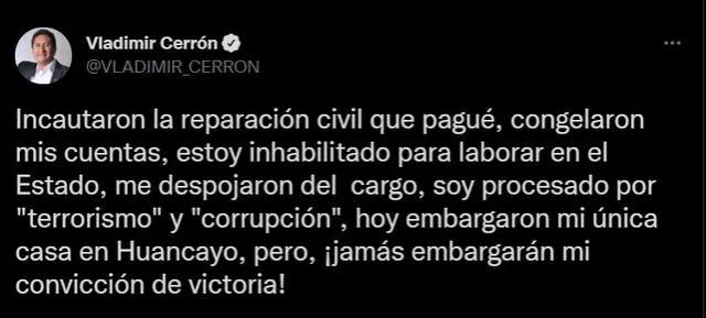 Vladimir Cerrón se pronuncia sobre incautación del pago de su reparación civil. Foto: captura de Twitter