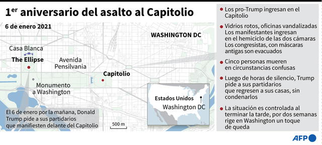 Mapa de la capital estadounidense localizando el Capitolio, escenario de una intrusión de los partidarios del expresidente Donald Trump hace un año. Infografía: AFP