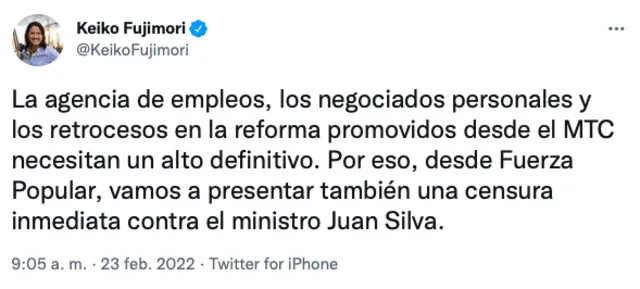 Pronunciamiento de Keiko Fujimori sobre ministro Juan Silva. Foto: captura de Twitter / @KeikoFujimori