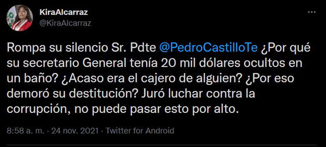 Congresista Kira Alcarraz criticó al presidente Pedro Castillo por caso de Bruno Pacheco. Foto: Captura de Twitter
