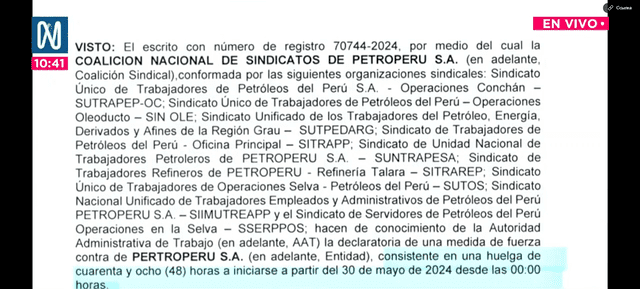  Comunicado dela Coalición Nacional de Sindicatos de Petroperú. Foto: Canal N   