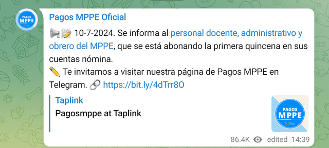 La primera quincena se pagó el 10 de julio. Foto: Pagos MPPE/Telegram