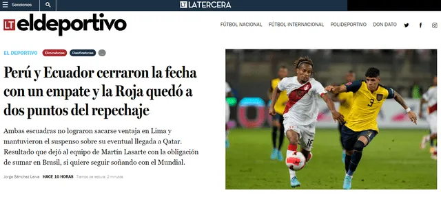 Nota de El Deportivo de Diario La Tercera de Chile. Foto: Captura La Tercera