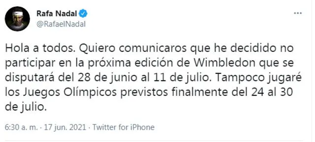 Publicación de Rafael Nadal en Twitter.