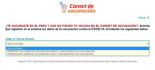 Aquí se tiene que escoger una de las dos opciones. Foto: captura página del Minsa