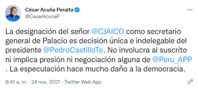 El líder de APP aclaró la designación de Carlos Jaico como secretario de Palacio. Foto: @CesarAcunaP/Twitter