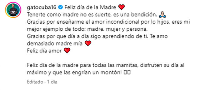Rodrigo Cuba modificó su post del Día de la Madre. Foto: Instagram   