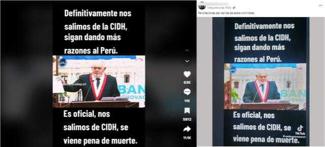  Publicaciones sin contexto que aseguran que oficialmente el Perú se salió de la Corte. Foto: capturas en Facebook y TikTok.    