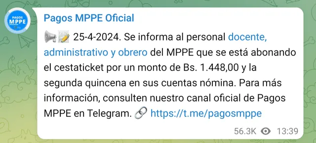 El pago del Cestaticket llegó el 25 de abril. Foto: Pagos MPPE/Telegram
