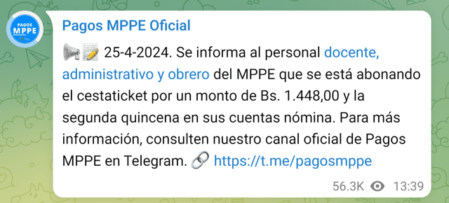 La segunda quincena cayó el jueves 25 de abril. Foto: Pagos MPPE/Telegram