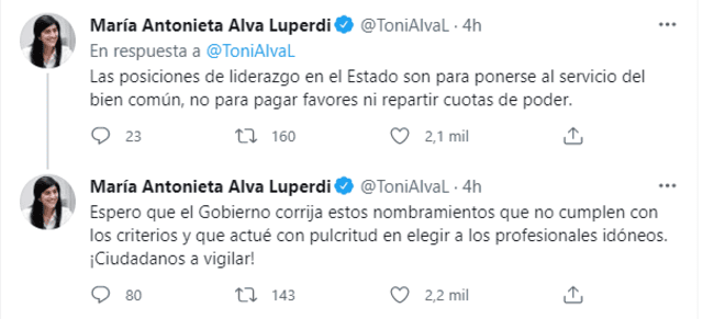 María Antonieta Alva criticó nombramientos en el Estado que no respondan a méritos profesionales. Foto: Captura Twitter.