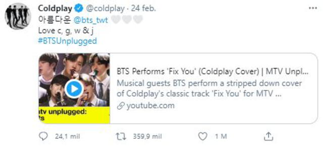 Post en Twitter de Coldplay sobre BTS. Foto: @coldplay