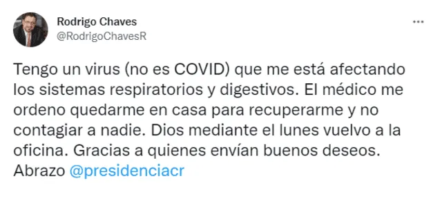 Tweet de Rodrigo Chaves, presidente de Costa Rica. Foto: Twitter Rodrigo Chaves