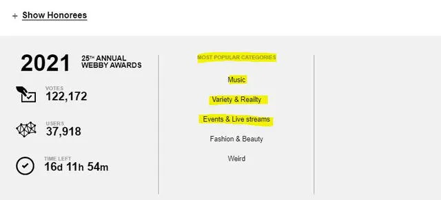 Categorías de BTS en los Webby Awards 2021. Foto: captura